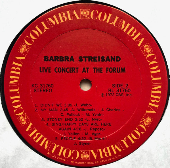 Barbra Streisand – Live Concert At The Forum ! NO POSTER ! (Pre-Owned Vinyl) Columbia 1972