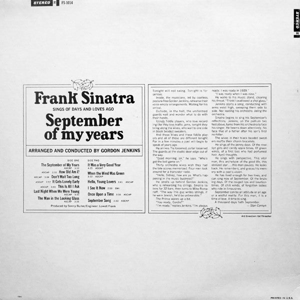 Frank Sinatra – September Of My Years (Pre-Owned Vinyl) Reprise Records 1965