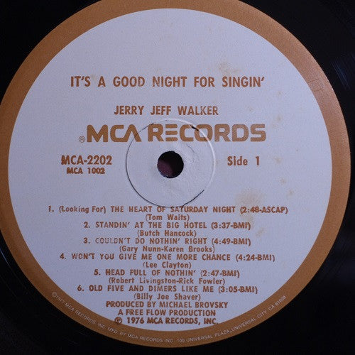 Jerry Jeff Walker – It's A Good Night For Singin' (Pre-Owned Vinyl) MCA Records 1976