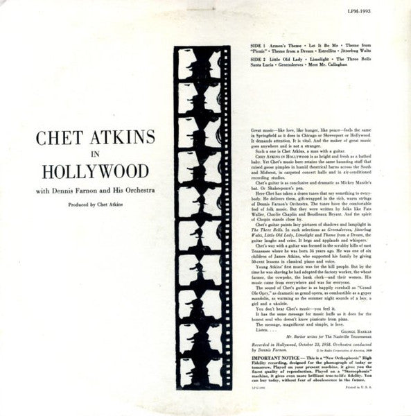 Chet Atkins – Chet Atkins In Hollywood (Pre-Owned Vinyl) RCA Victor 1959