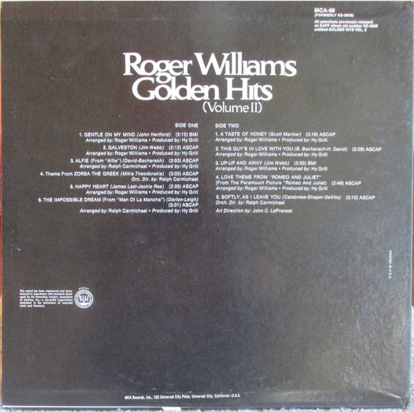 Roger Williams – Golden Hits (Volume II) (Pre-Owned Vinyl) 	Kapp Records 1970