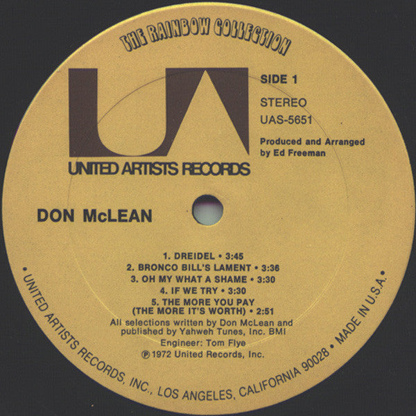Don McLean – Don McLean (Pre-Owned Vinyl) United Artists Records 1972