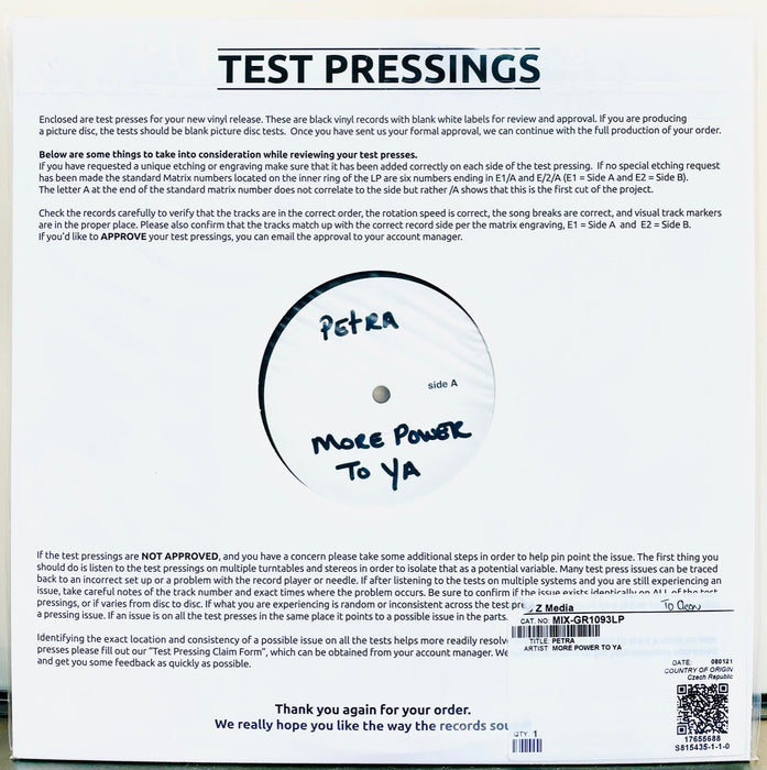 Petra - More Power To Ya - OFFICIAL 2021 VINYL TEST PRESSING!!!