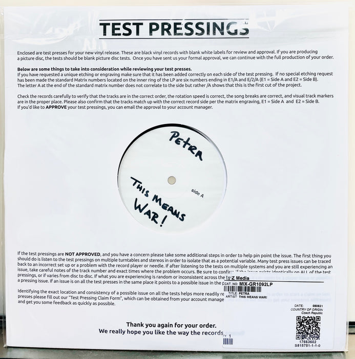 Petra - This Means War! - OFFICIAL 2021 VINYL TEST PRESSING!!!